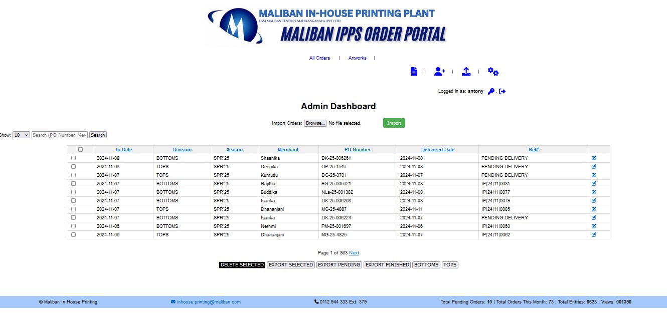 MAL IPPS order management portal screenshot