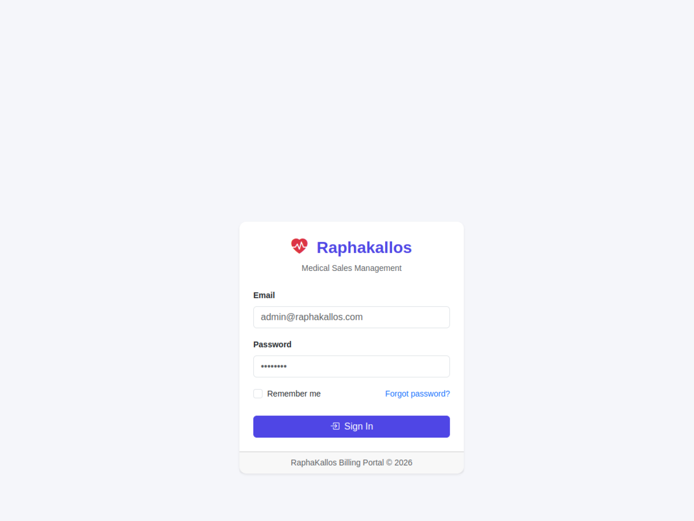 Raphakallos billing portal login screenshot